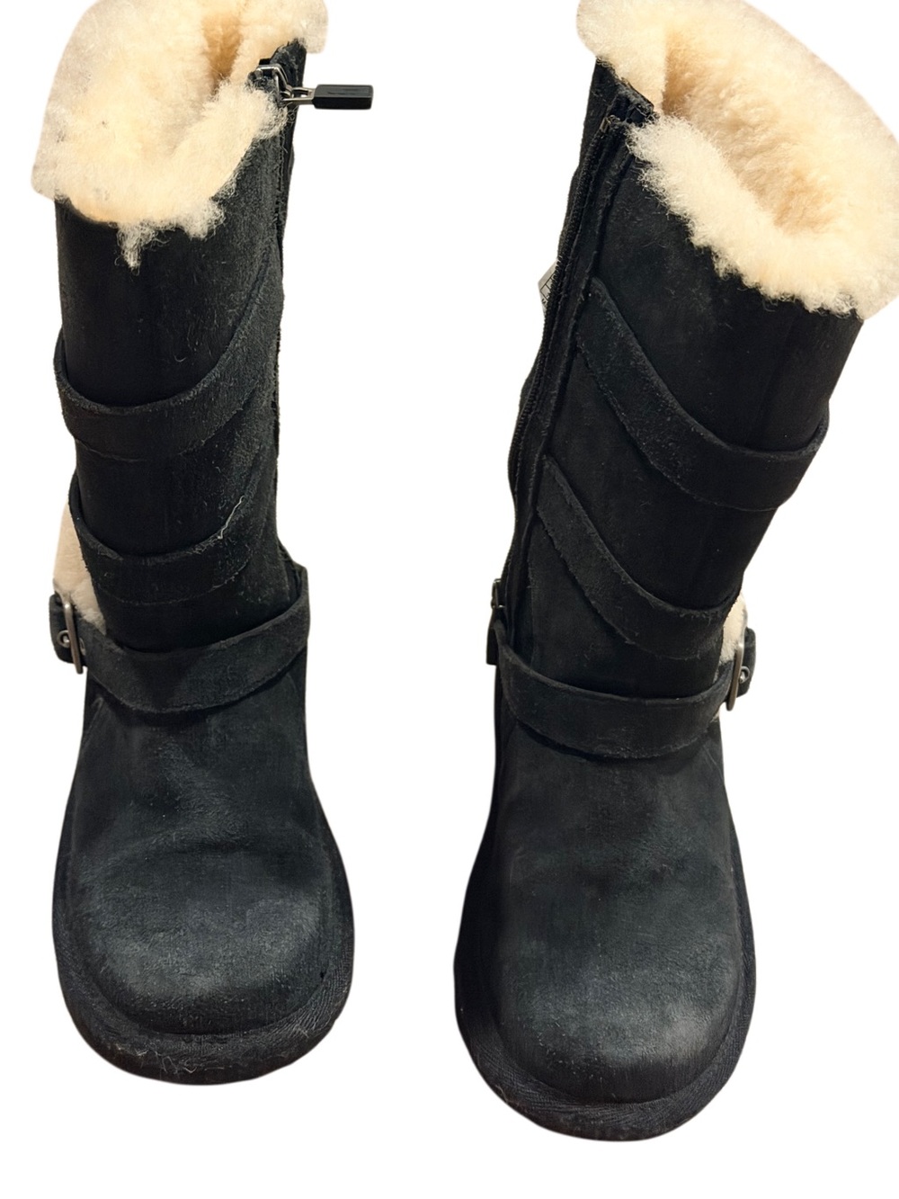 UGG Maddi Tall Black Suede Shearling Buckle Boots Kids Size 13